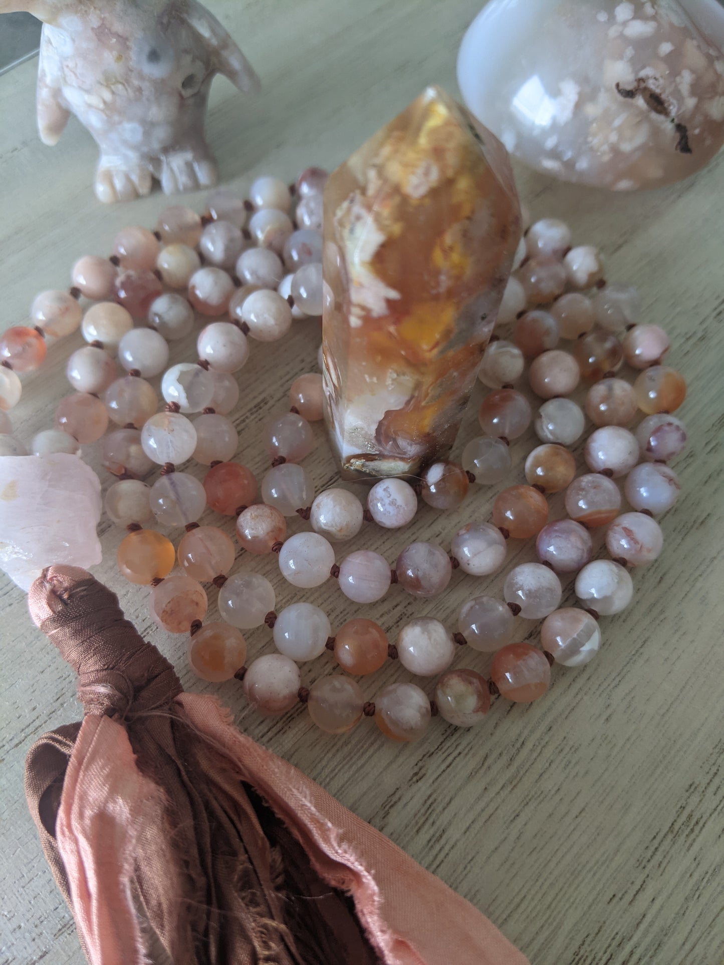 Flower agate mala.