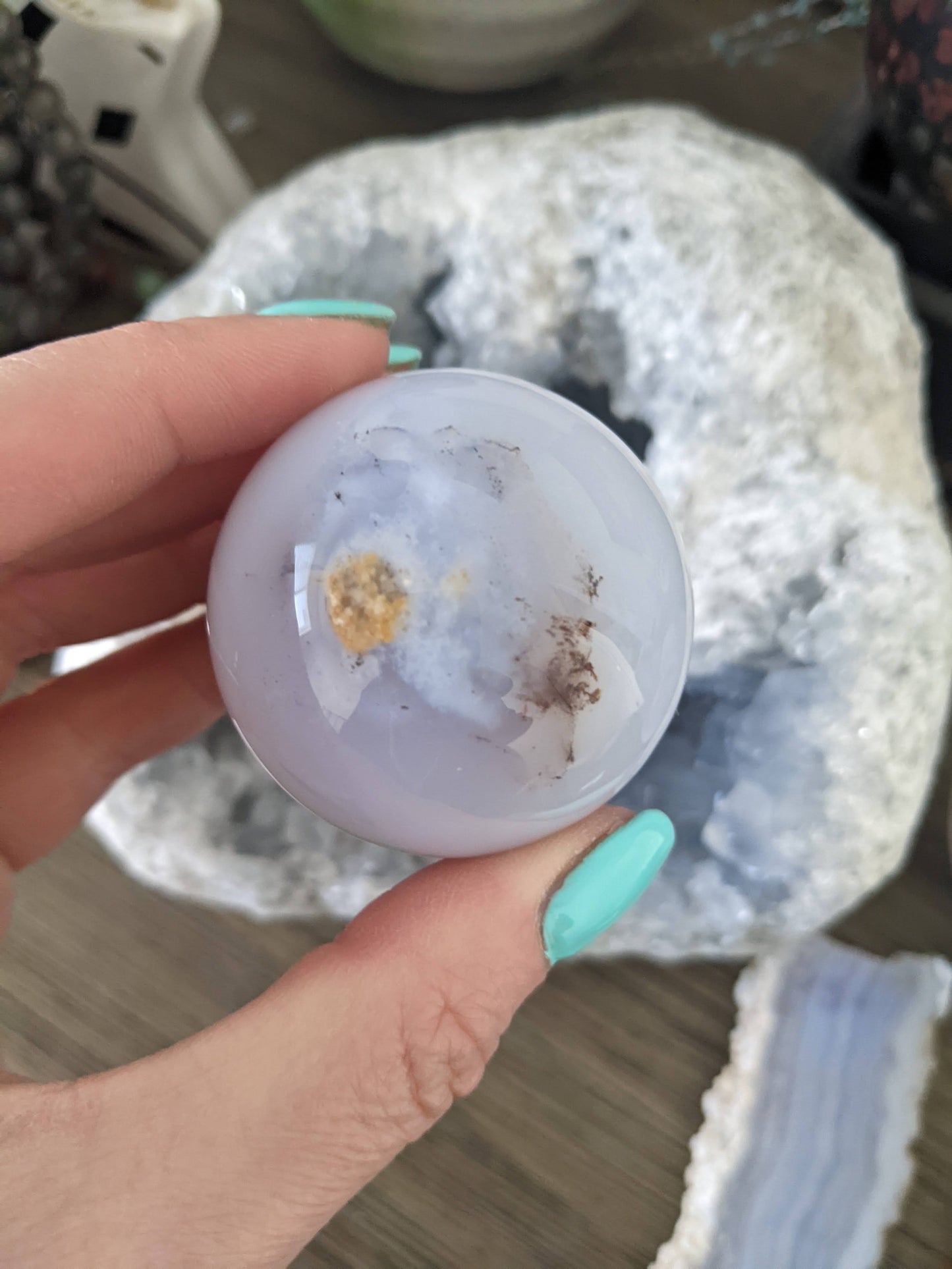 Blue chalcedony sphere.