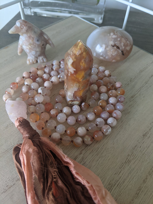 Flower agate mala.