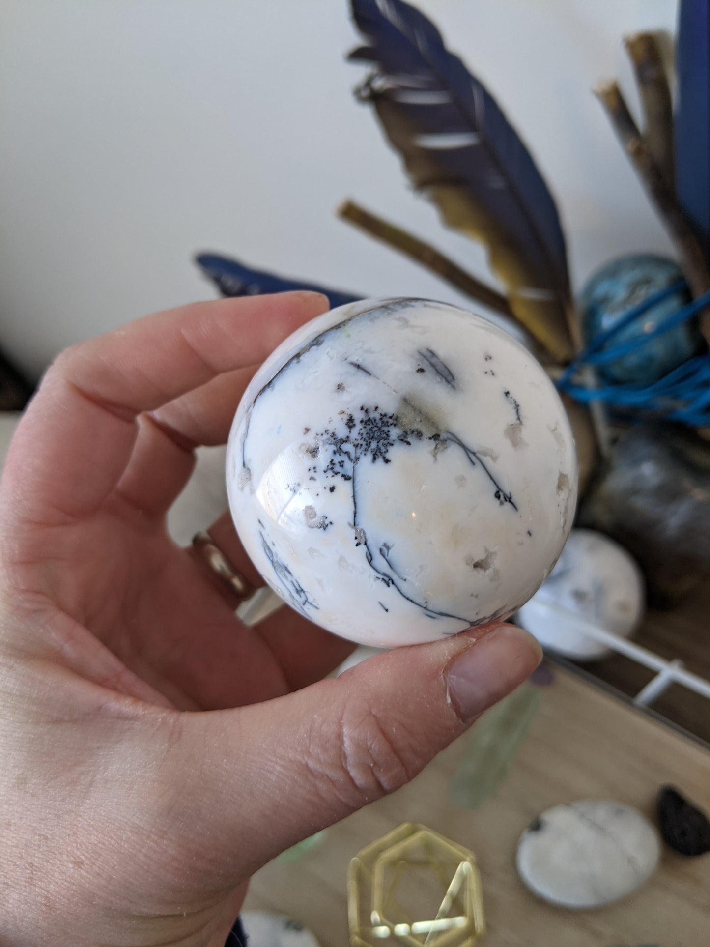 White dendrite agate sphere