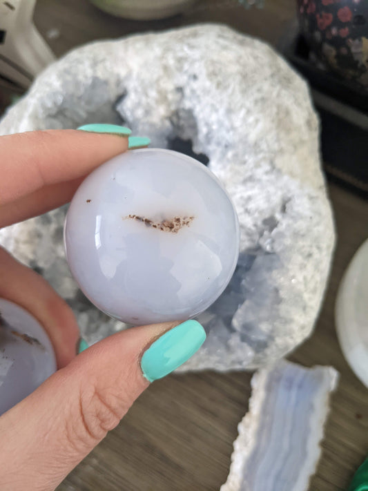 Blue chalcedony sphere.