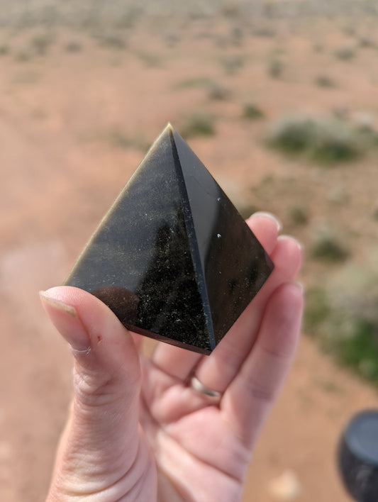 Gold sheen obsidian pyramid
