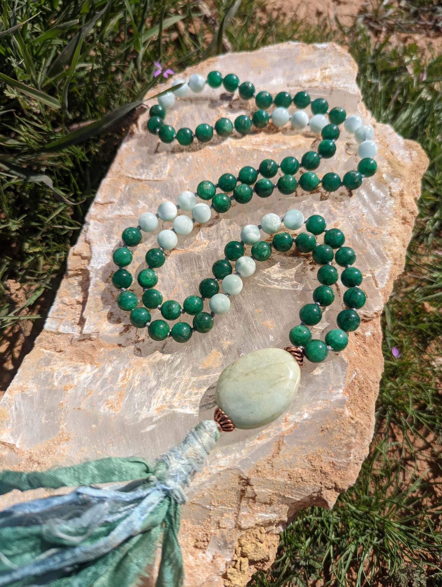 Emerald & green angelite 88 mala