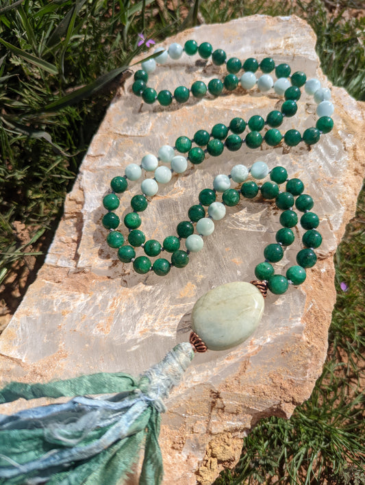 Emerald & green angelite 88 mala